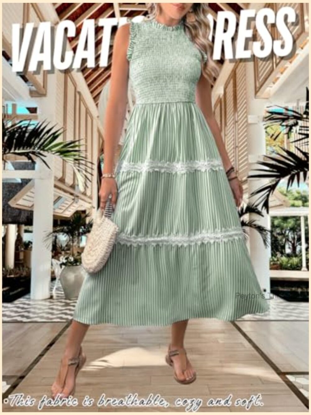 Sleeveless Smocked Flowy Tiered Midi Dress, Casual Striped Sundress - Picture 3 of 7